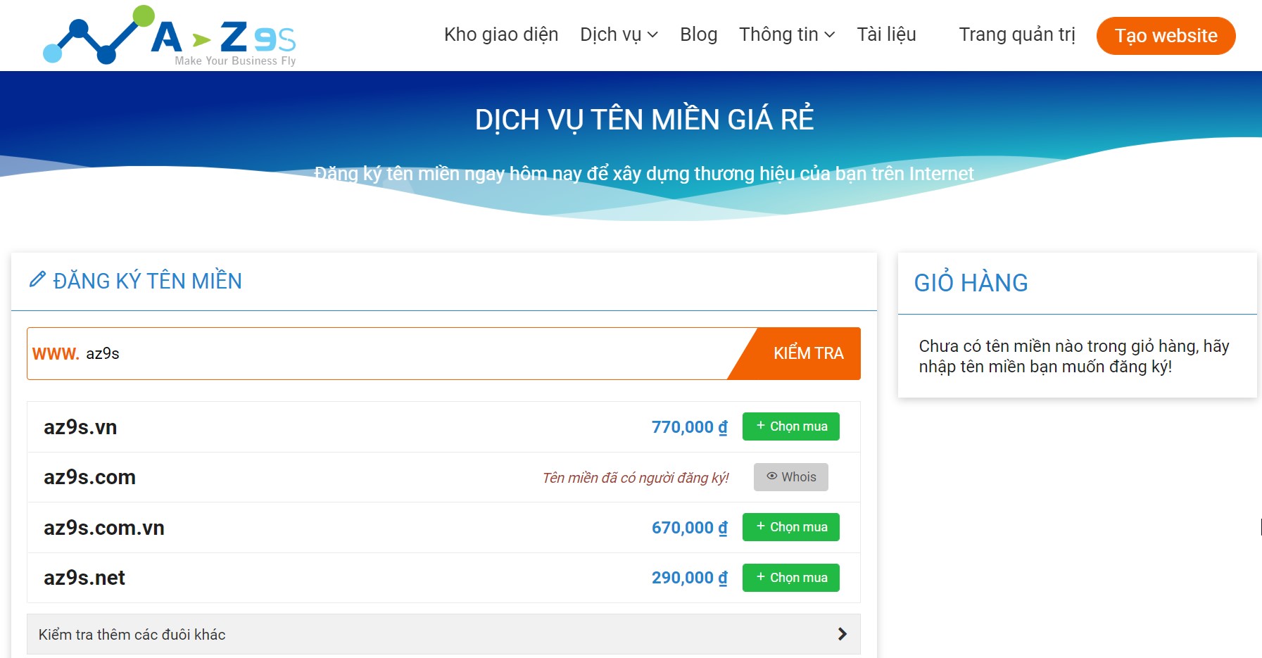 Hướng dẫn đăng ký tên miền tại az9s.com