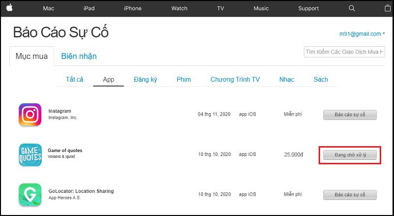 Yêu cầu hoàn tiền đã được Apple tiếp nhận và đang được xử lý