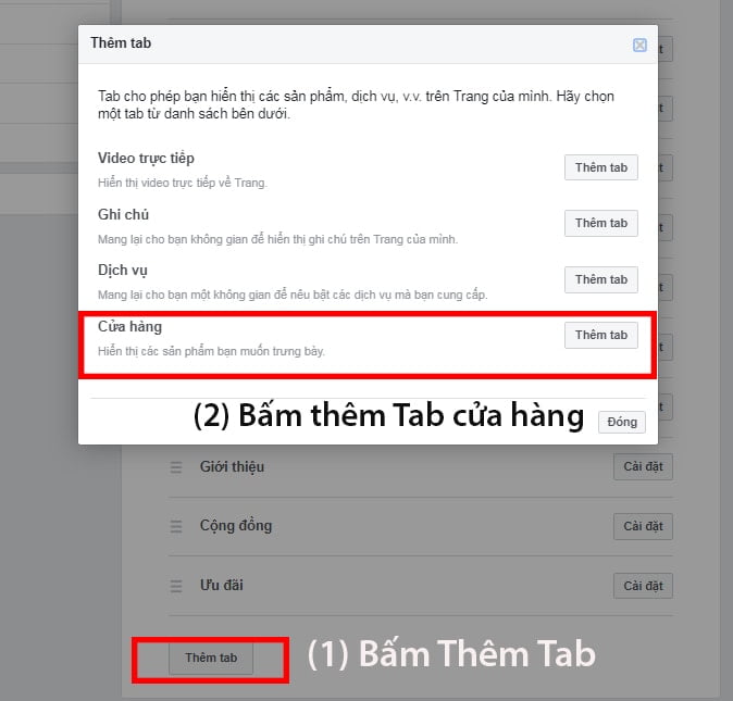 Thêm tab cửa hàng trên Facebook