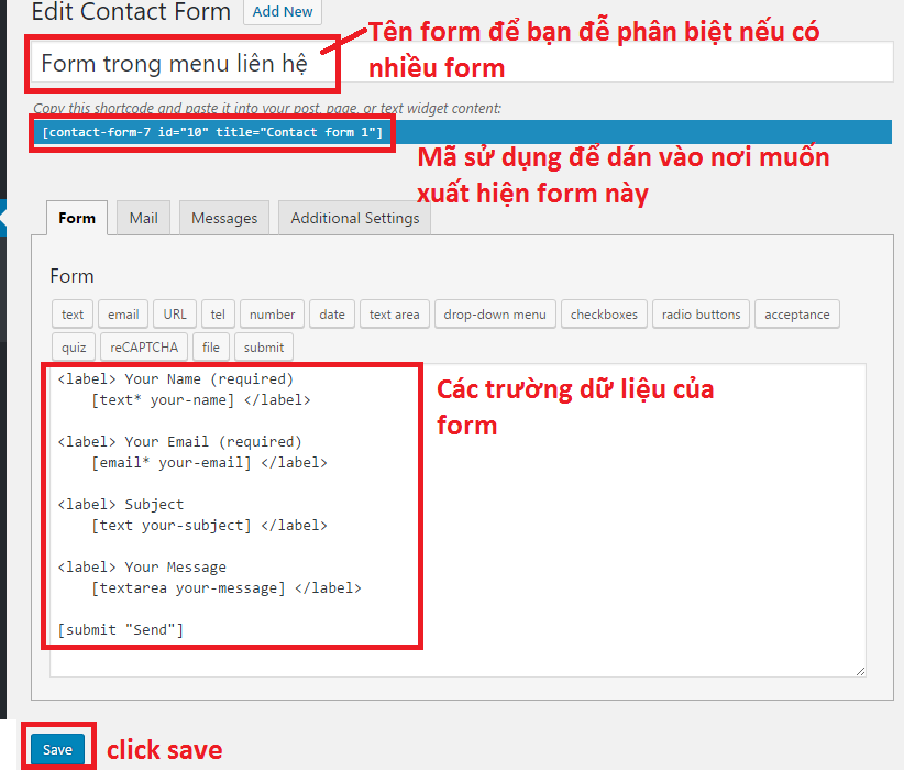 Cài đặt cụ thể Contact Form 7