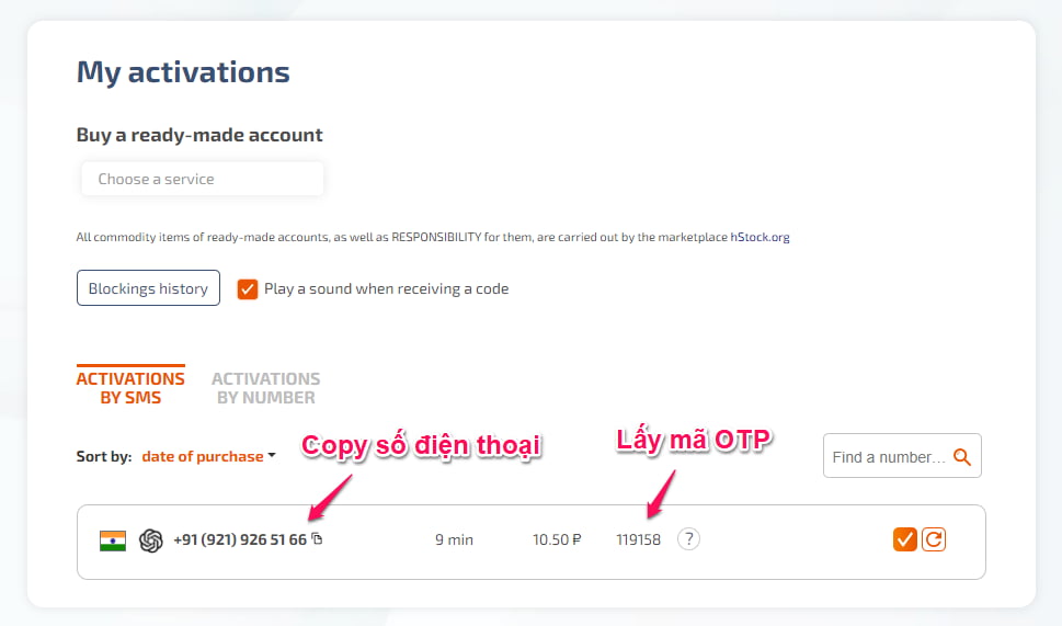 Nhận SMS từ số điện thoại trên sms-activate.org