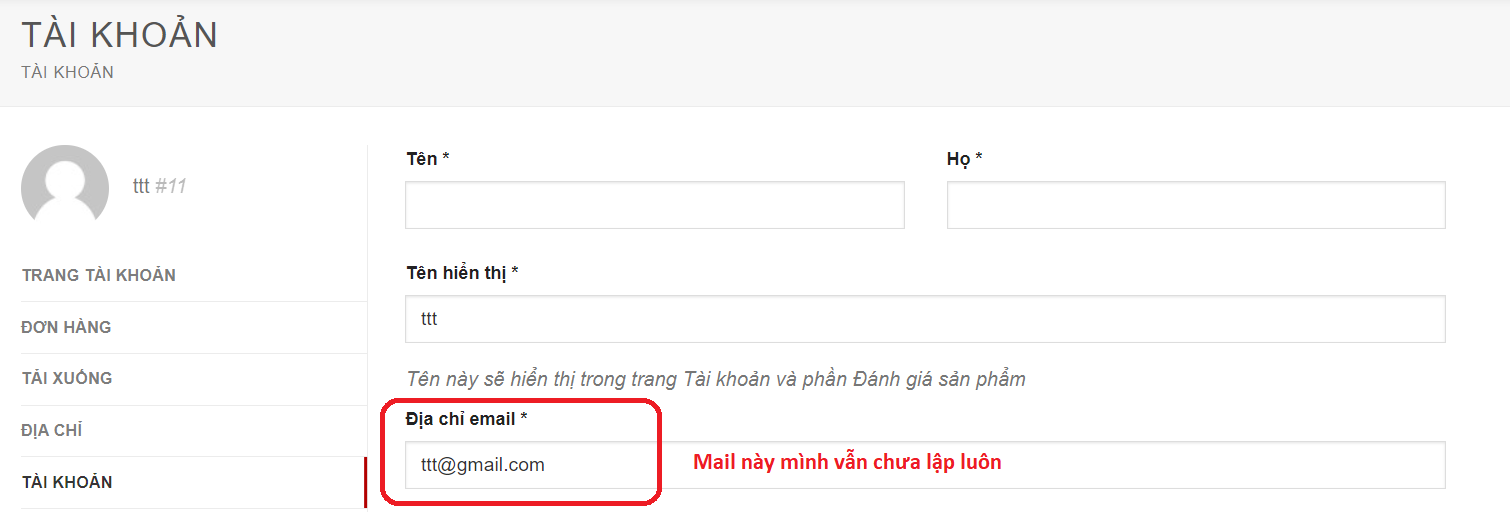 Đăng ký bằng mail chưa được lập mà vẫn vào được trang tài khoản